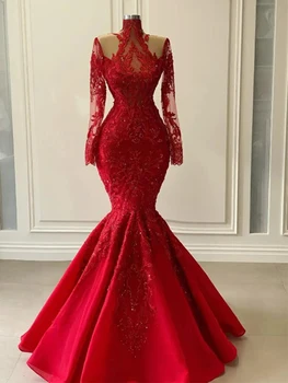 Роскошное красное кружевное свадебное платье русалки с длинными рукавами Высокий воротник Princess Arab Dubai Формальное свадебное платье для вечеринки Robe de mariée