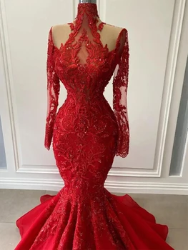 Роскошное красное кружевное свадебное платье русалки с длинными рукавами Высокий воротник Princess Arab Dubai Формальное свадебное платье для вечеринки Robe de mariée Изображение 1