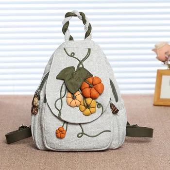 Холщовый рюкзак в этническом стиле Женский рюкзак ручной работы Автомобильная нить Искусство Маленький свежий маленький рюкзак Туристический рюкзак Нагрудная сумка Изображение 0
