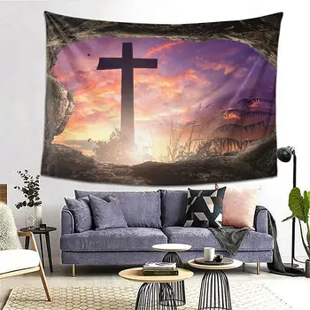 Христианская Пасха Иисус Христос Господень Крест Религиозный Закат Гобелен Йога Гобелены Настенное украшение для дома 80 x 60 дюймов