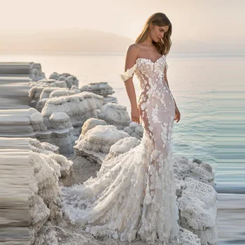 цветочное кружево русалка свадебные платья кепка рукава шнуровка сзади труба женщины свадебные платья 3D цветы на заказ платье