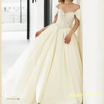 Элегантное атласное бальное платье Свадебное платье с открытыми плечами и коротким рукавом с вышитой плиссировкой в пол Vestido de Novia