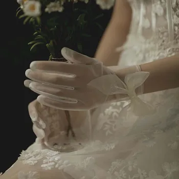 Элегантные сладкие кружева Женщины Свадебная девушка Тюлевые варежки Короткие свадебные перчатки Жемчужные перчатки для пальцев Бант Изображение 0