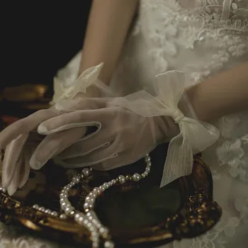 Элегантные сладкие кружева Женщины Свадебная девушка Тюлевые варежки Короткие свадебные перчатки Жемчужные перчатки для пальцев Бант Изображение 1