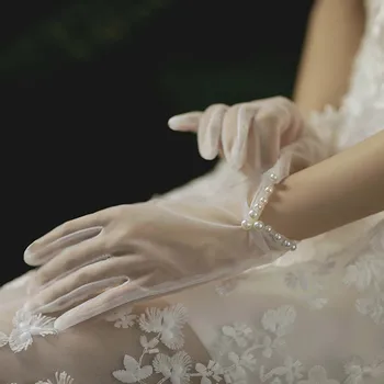 Элегантные сладкие кружева Женщины Свадебная девушка Тюлевые варежки Короткие свадебные перчатки Жемчужные перчатки для пальцев Бант Изображение 5